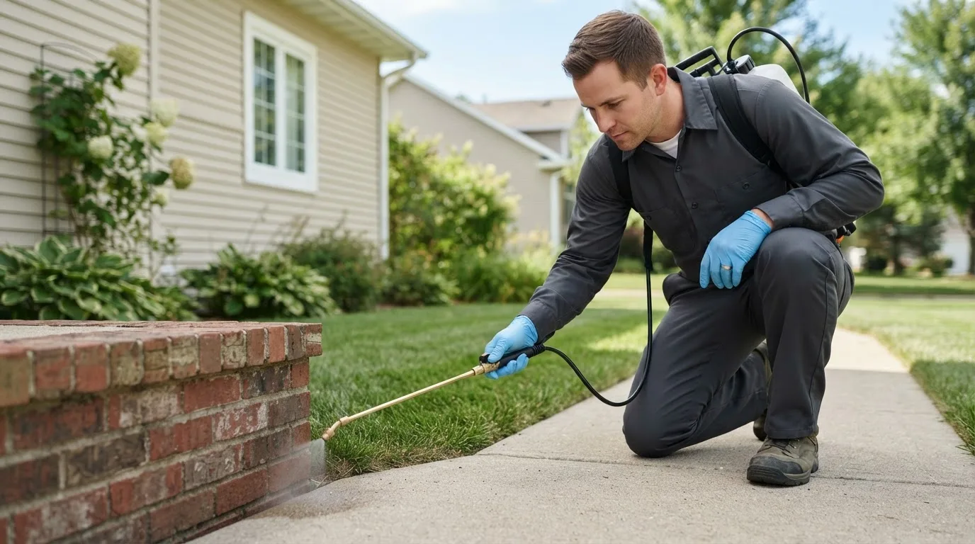 Pest control technician treating a home near Upper Jay, NY